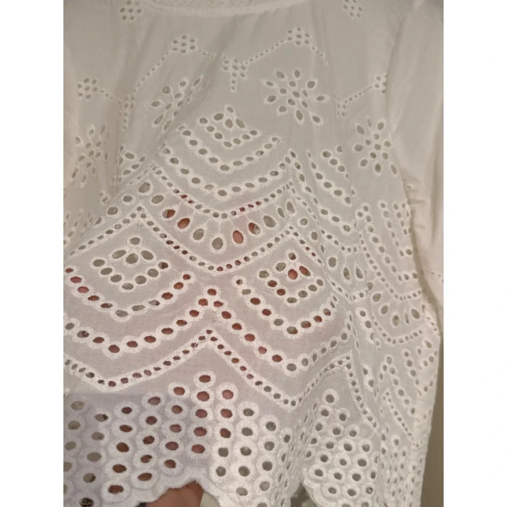White Eyelet Lace 2 Piece‎ Set Long Sleeve Button Back Top & Tiered Mini Skirt